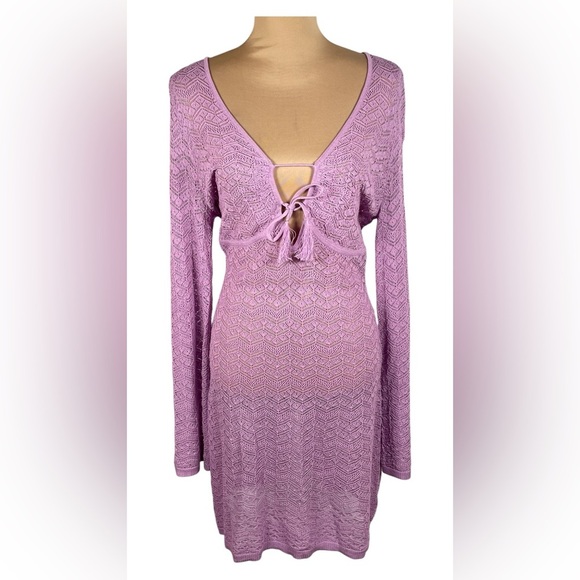 House of Harlow 1960 Lilac Knit Crochet Dress Beach CoverUp Long Sleeve NWT - Picture 1 of 8